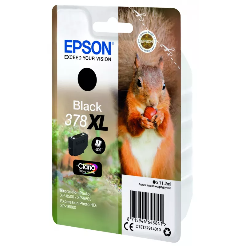Epson Squirrel Singlepack Melns 378XL Claria Photo HD tintes kasetne, lielas (XL) ietilpības, melna, pigmenta bāzes tinte, 11,2 ml, 1 gab., 500 lapas