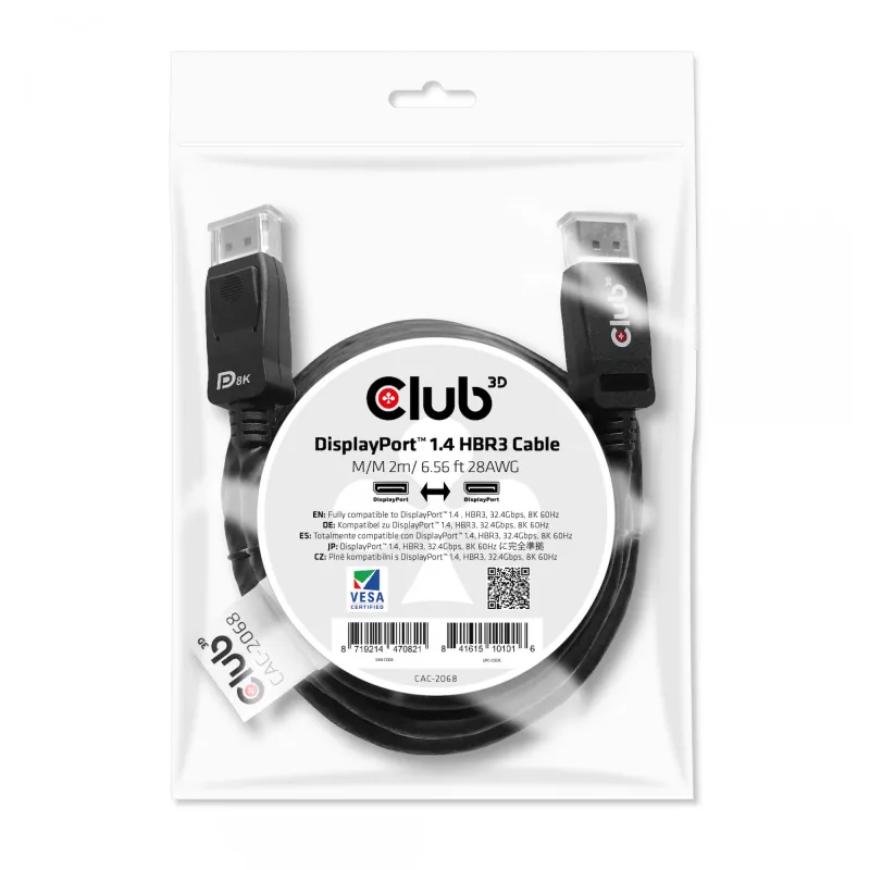 CLUB3D DisplayPort 1.4 HBR3 kabelis 2 m/6,56 pēdu M/M 8K60Hz