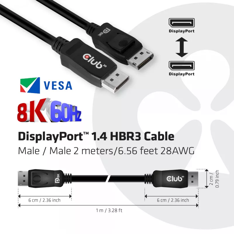CLUB3D DisplayPort 1.4 HBR3 kabelis 2 m/6,56 pēdu M/M 8K60Hz