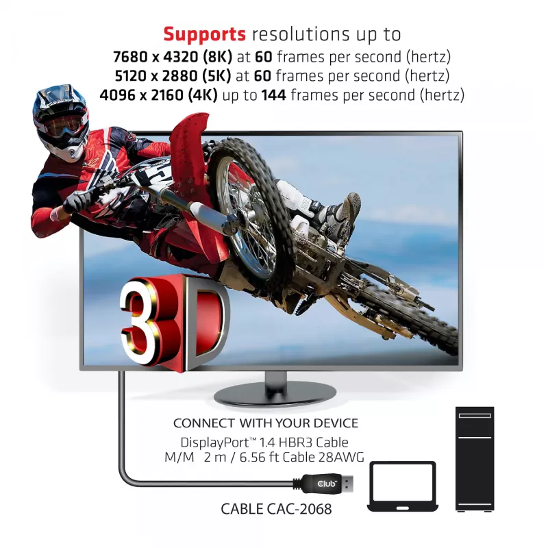 CLUB3D DisplayPort 1.4 HBR3 kabelis 2 m/6,56 pēdu M/M 8K60Hz