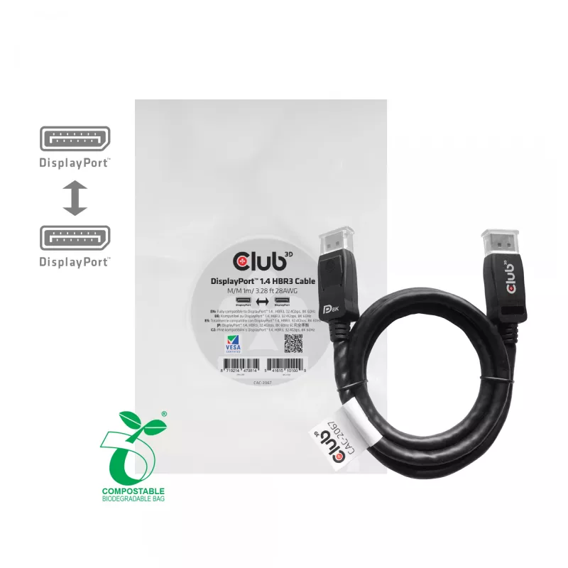 CLUB3D DisplayPort 1.4 HBR3 kabelis 1m/3.28ft Vīrietis/Vīrietis 8K60Hz