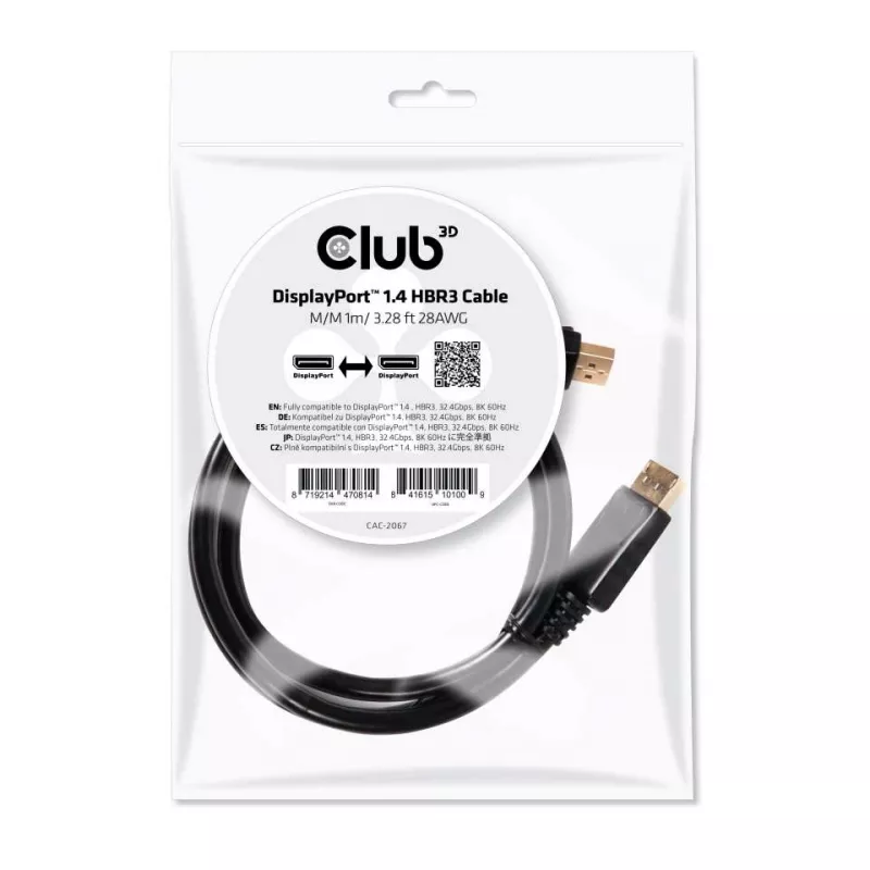 CLUB3D DisplayPort 1.4 HBR3 kabelis 1m/3.28ft Vīrietis/Vīrietis 8K60Hz