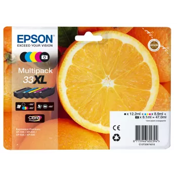 Epson Oranges Multipack 5 krāsas 33XL Claria Premium tinte, augsta (XL) iznese, melna, foto melna, ciāna, fuksīna, dzeltena, pigmenta bāzes tinte, krāsvielas bāzes tinte, 12.2 ml, 8.9 ml