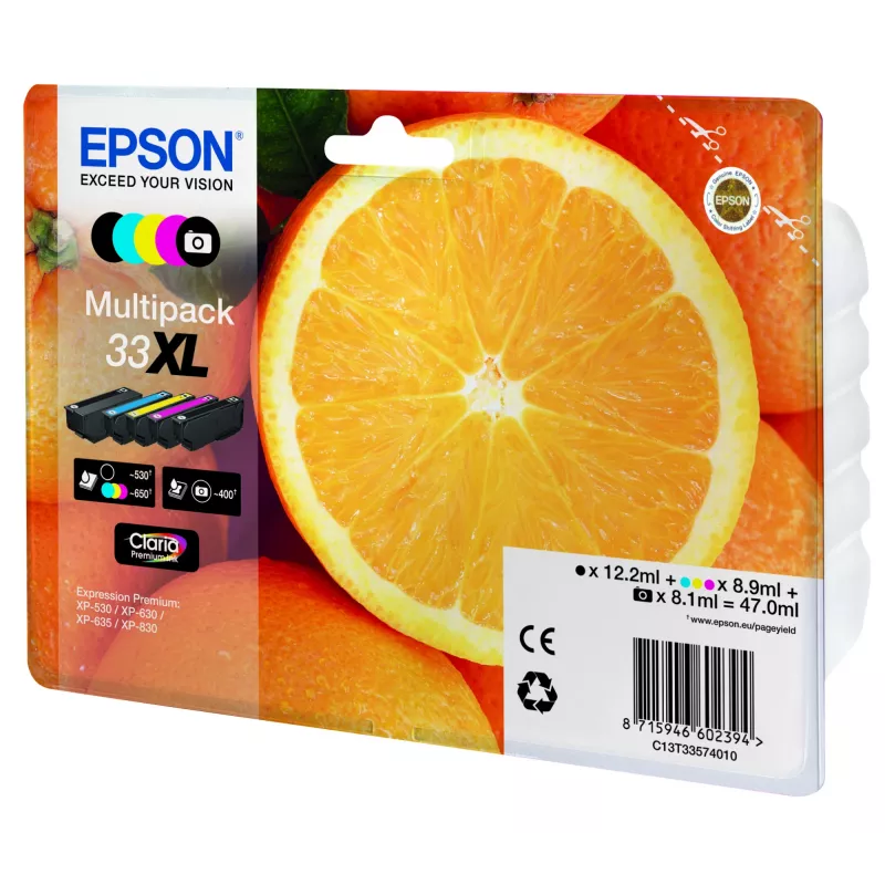 Epson Oranges Multipack 5 krāsas 33XL Claria Premium tinte, augsta (XL) iznese, melna, foto melna, ciāna, fuksīna, dzeltena, pigmenta bāzes tinte, krāsvielas bāzes tinte, 12.2 ml, 8.9 ml