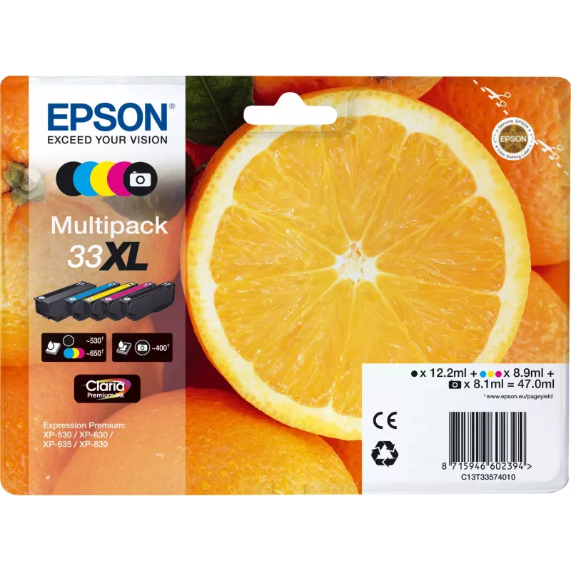 Epson Oranges Multipack 5 krāsas 33XL Claria Premium tinte, augsta (XL) iznese, melna, foto melna, ciāna, fuksīna, dzeltena, pigmenta bāzes tinte, krāsvielas bāzes tinte, 12.2 ml, 8.9 ml
