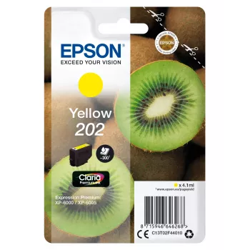 Epson Kiwi Singlepack dzeltena 202 Claria Premium Ink. Tipa veids: Pigmenta bāzes tinte, Kārtridža ietilpība: Standarta ražība, Krāsu tintes lapu ražība: 300 lapu, Krāsu tintes tilpums: 4,1 ml, Drukas krāsas: Dzeltena, Daudzums iepakojumā: 1 gab.