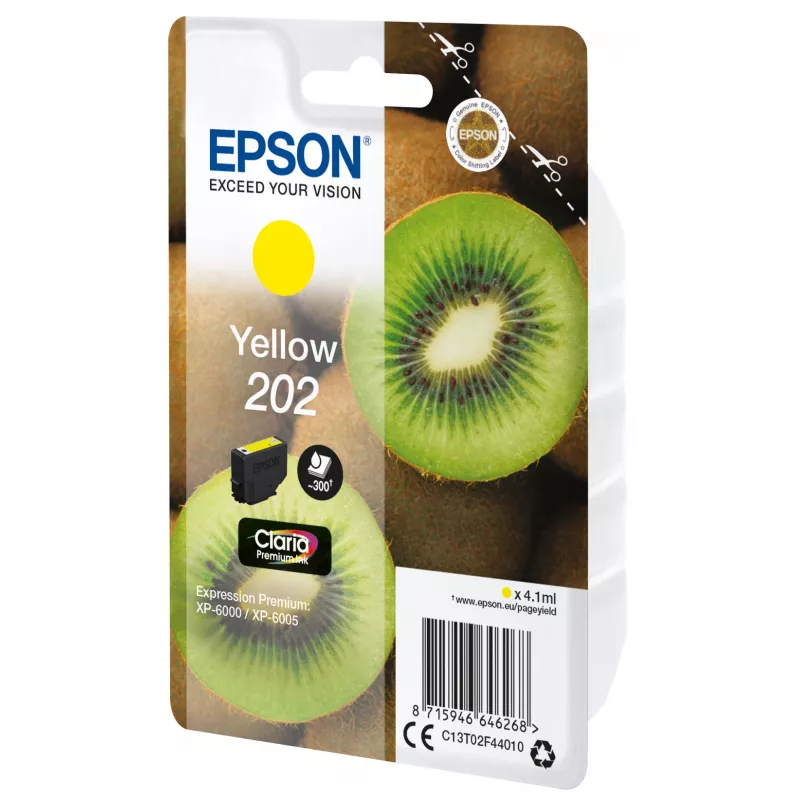 Epson Kiwi Singlepack dzeltena 202 Claria Premium Ink. Tipa veids: Pigmenta bāzes tinte, Kārtridža ietilpība: Standarta ražība, Krāsu tintes lapu ražība: 300 lapu, Krāsu tintes tilpums: 4,1 ml, Drukas krāsas: Dzeltena, Daudzums iepakojumā: 1 gab.