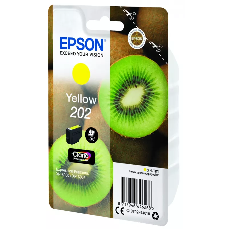 Epson Kiwi Singlepack dzeltena 202 Claria Premium Ink. Tipa veids: Pigmenta bāzes tinte, Kārtridža ietilpība: Standarta ražība, Krāsu tintes lapu ražība: 300 lapu, Krāsu tintes tilpums: 4,1 ml, Drukas krāsas: Dzeltena, Daudzums iepakojumā: 1 gab.