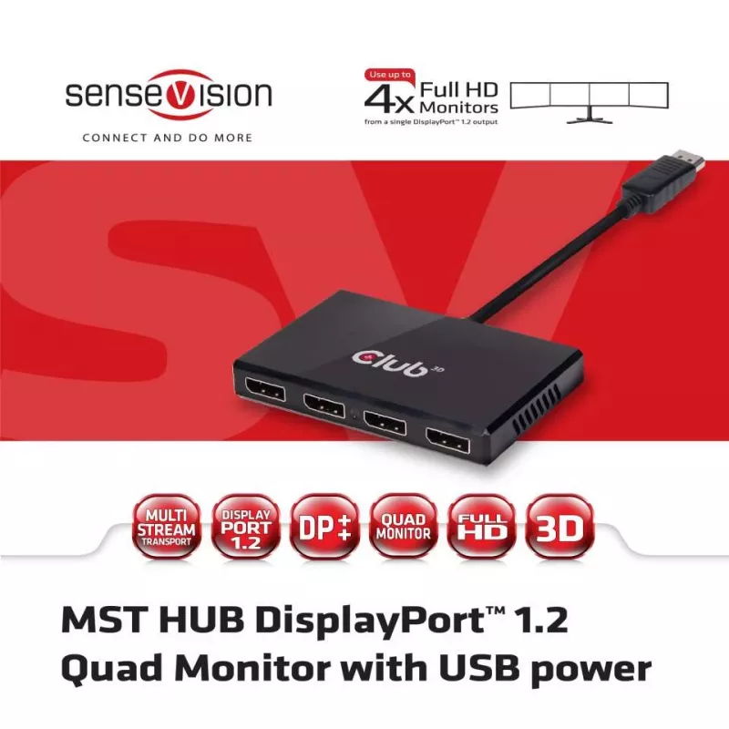 CLUB3D Multi Stream Transport Hub DisplayPort 1.2 četru monitoru USB darbināms centrmezgls