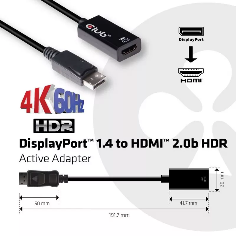 Aktīvais adapteris DisplayPort 1.4 uz HDMI 2.0b CLUB3D CAC-1080