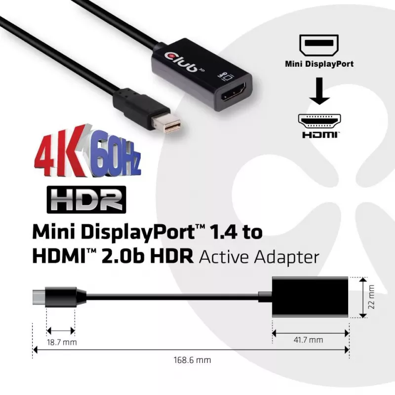 CLUB3D Mini DisplayPort 1.4 uz HDMI 2.0b HDR aktīvais adapteris