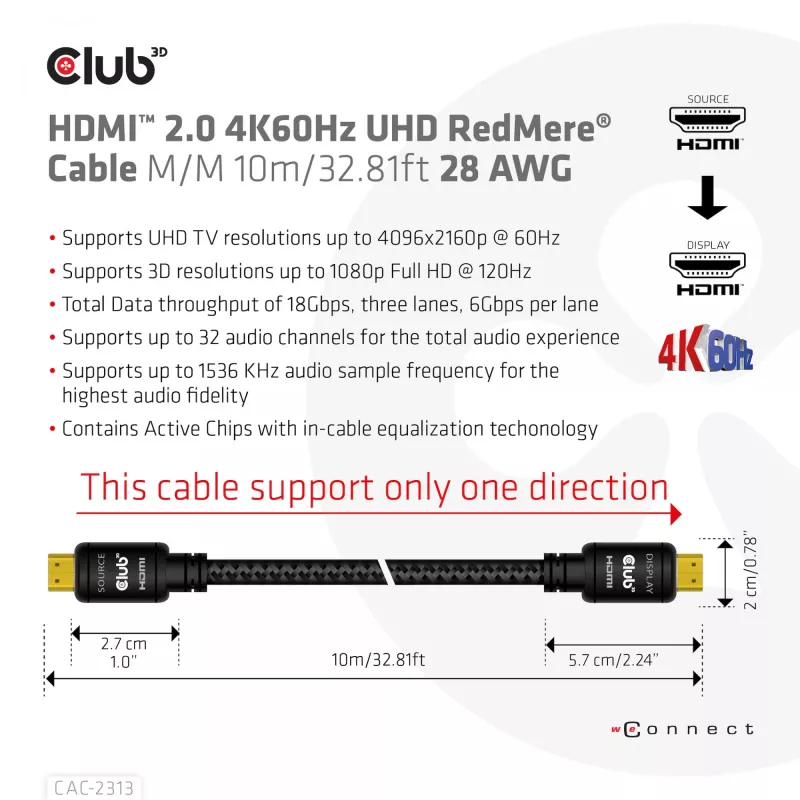 CLUB3D HDMI 2.0 4K60Hz RedMere kabelis 10m/32.8ft