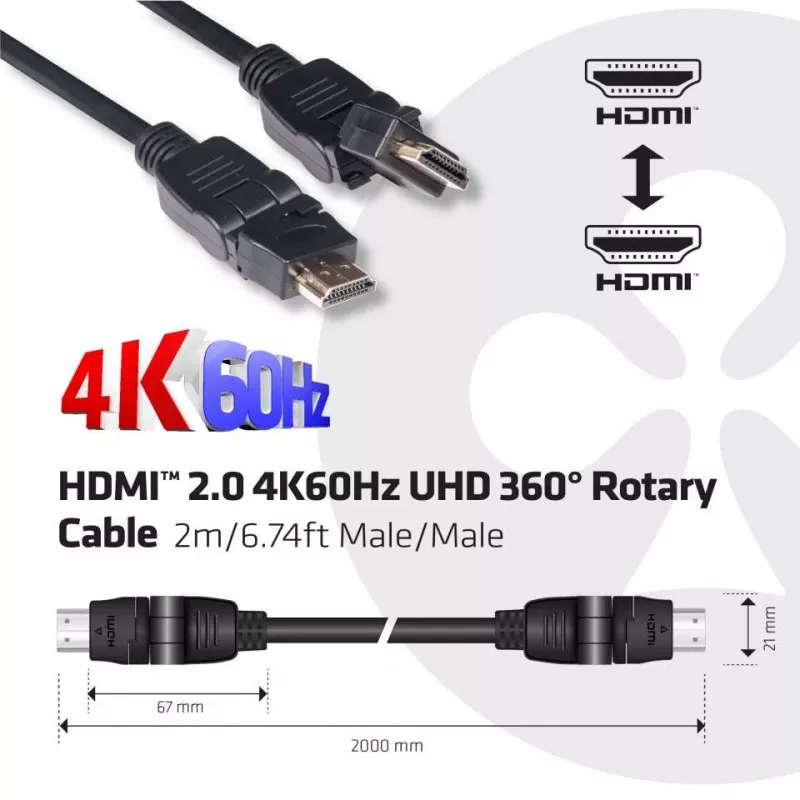 CLUB3D HDMI 2.0 4K60Hz UHD 360° rotējošs kabelis 2m/6.74ft