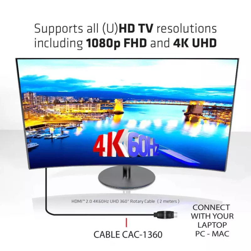 CLUB3D HDMI 2.0 4K60Hz UHD 360° rotējošs kabelis 2m/6.74ft