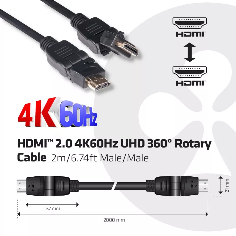 CLUB3D HDMI 2.0 4K60Hz UHD 360° rotējošs kabelis 2m/6.74ft