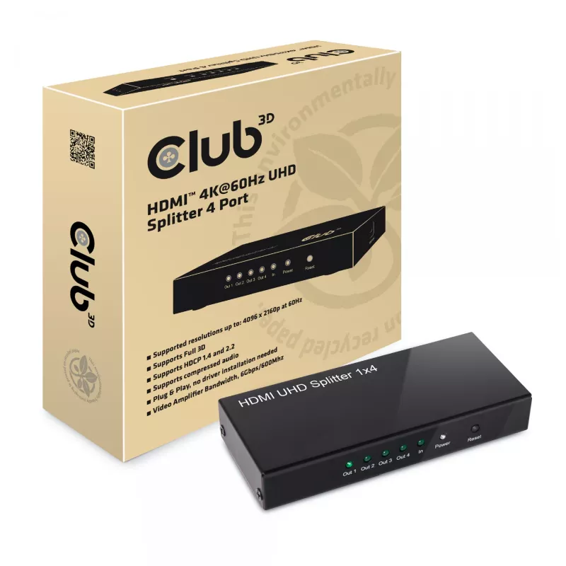 CLUB3D HDMI™ 4K@60Hz UHD sadalītājs ar maiņstrāvas barošanu, 4 porti