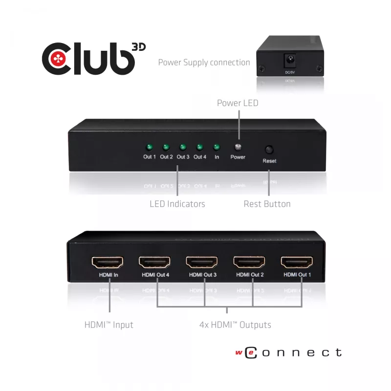CLUB3D HDMI™ 4K@60Hz UHD sadalītājs ar maiņstrāvas barošanu, 4 porti