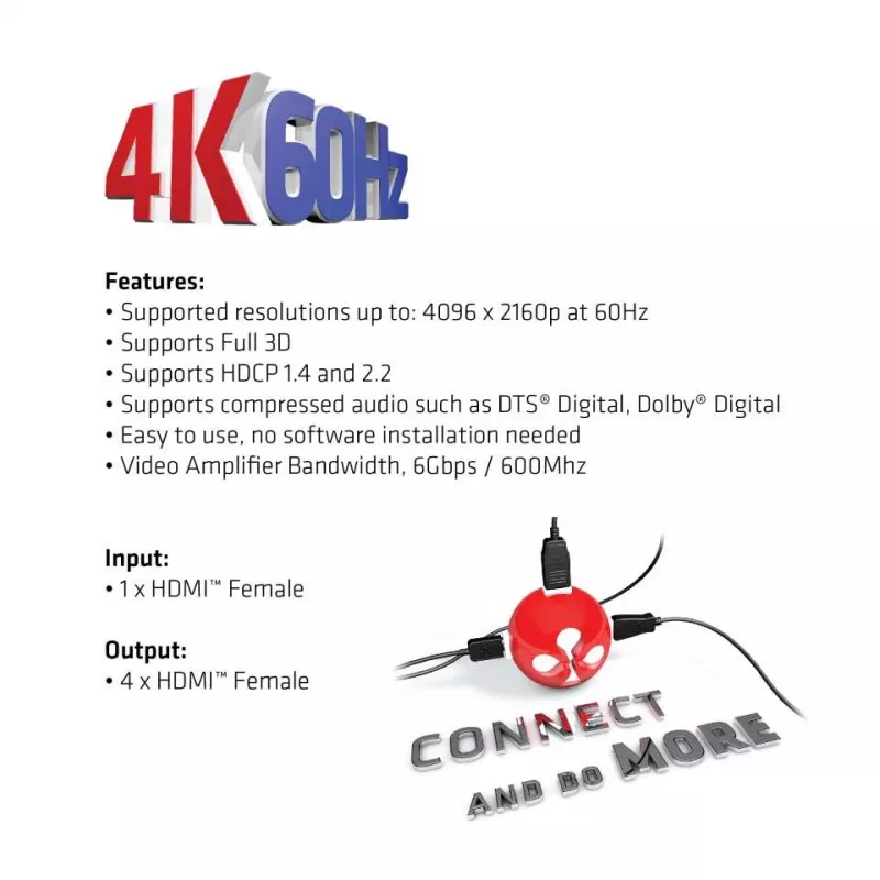 CLUB3D HDMI™ 4K@60Hz UHD sadalītājs ar maiņstrāvas barošanu, 4 porti