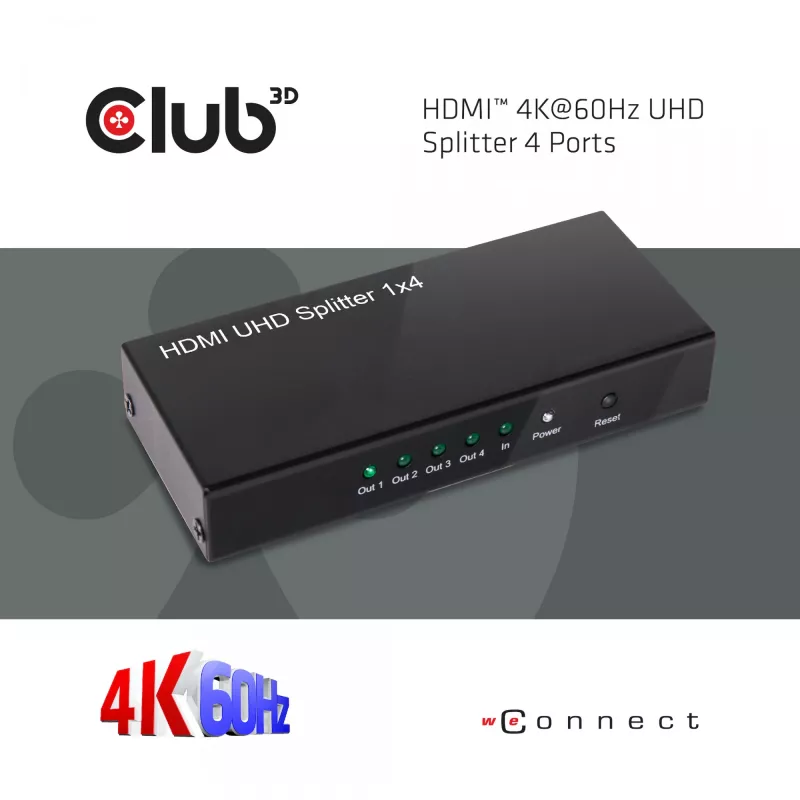 CLUB3D HDMI™ 4K@60Hz UHD sadalītājs ar maiņstrāvas barošanu, 4 porti