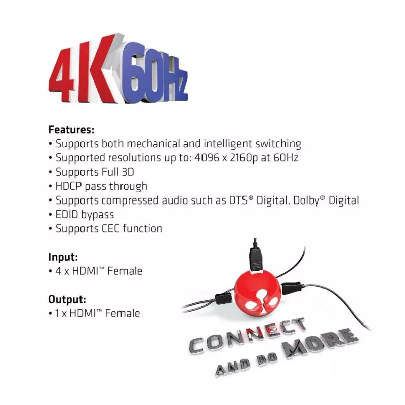 CLUB3D HDMI™ 2.0 UHD 4K60Hz SwitchBox 4 porti un iekļauts IR tālvadības pults