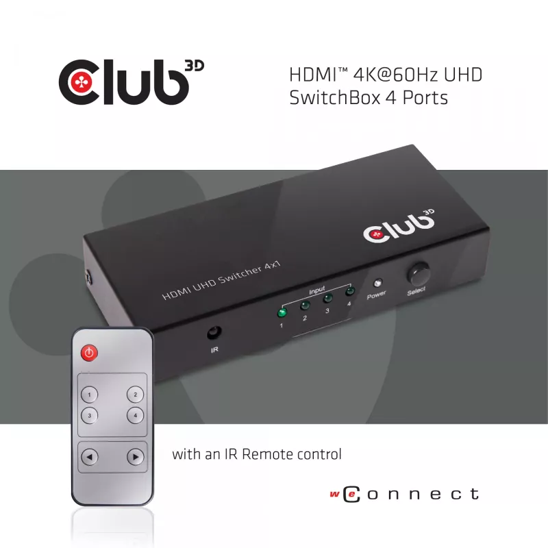 CLUB3D HDMI™ 2.0 UHD 4K60Hz SwitchBox 4 porti un iekļauts IR tālvadības pults