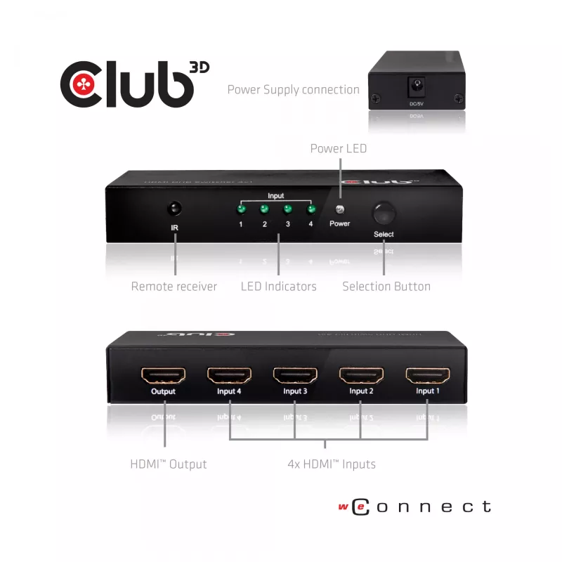 CLUB3D HDMI™ 2.0 UHD 4K60Hz SwitchBox 4 porti un iekļauts IR tālvadības pults