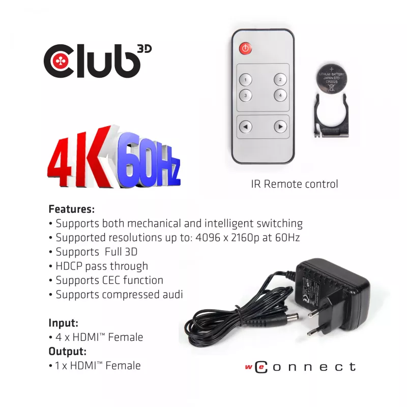 CLUB3D HDMI™ 2.0 UHD 4K60Hz SwitchBox 4 porti un iekļauts IR tālvadības pults