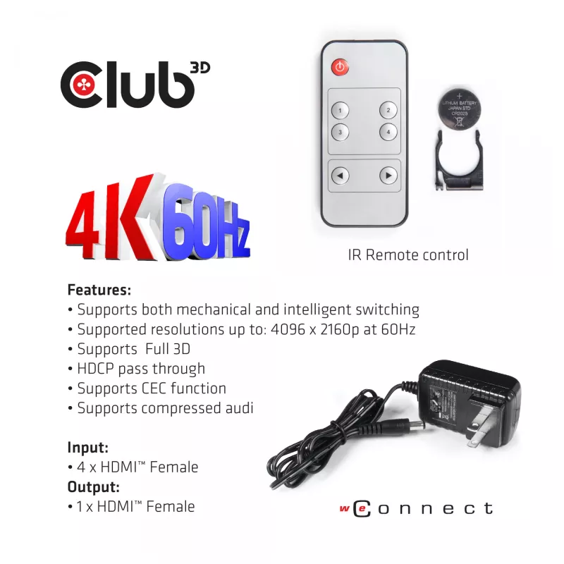 CLUB3D HDMI™ 2.0 UHD 4K60Hz SwitchBox 4 porti un iekļauts IR tālvadības pults