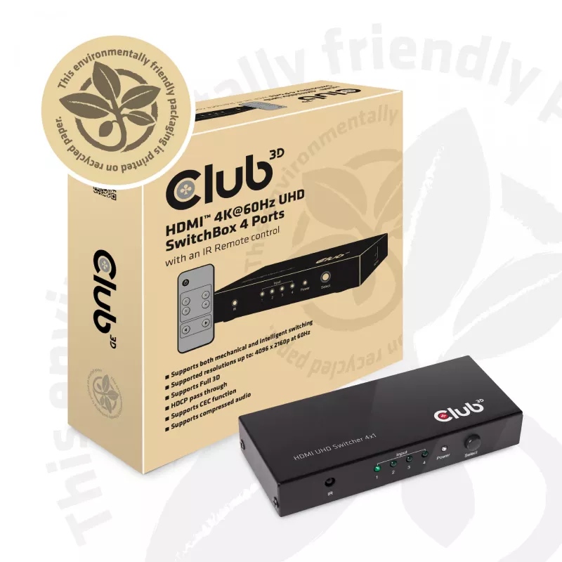 CLUB3D HDMI™ 2.0 UHD 4K60Hz SwitchBox 4 porti un iekļauts IR tālvadības pults