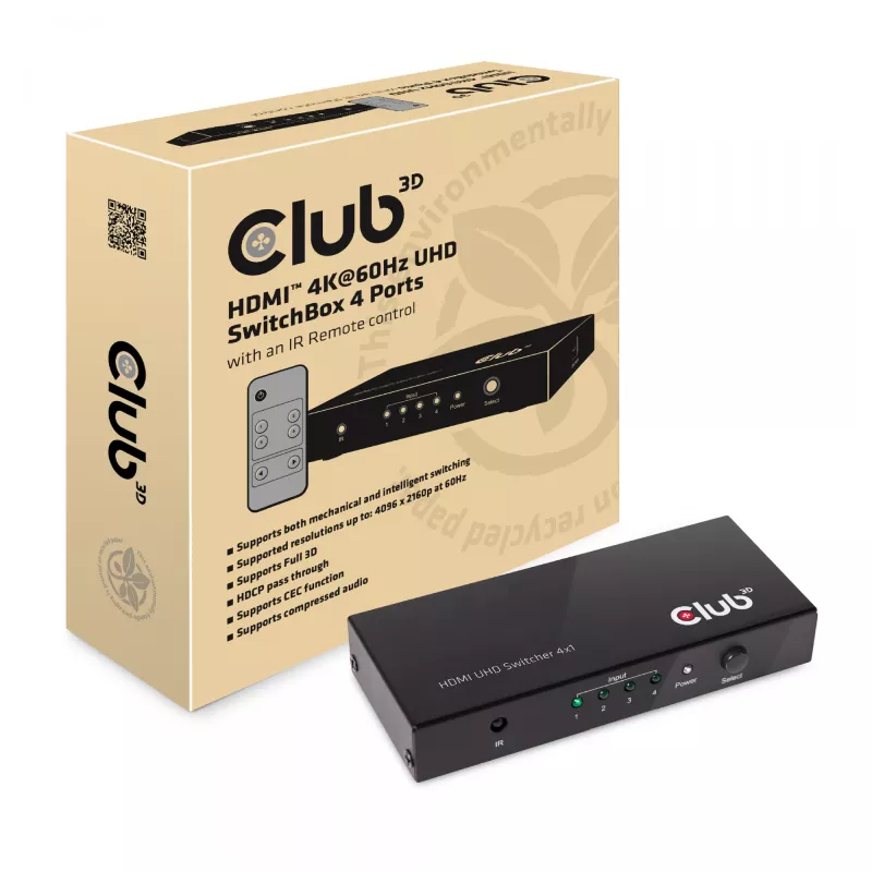 CLUB3D HDMI™ 2.0 UHD 4K60Hz SwitchBox 4 porti un iekļauts IR tālvadības pults