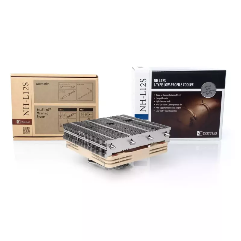 CPU dzesētājs Noctua NH-L12S — zema profila dzesētājs, 120 mm ventilators, PWM, 12 V, 1850 RPM maks., 94,2 m³/h gaisa plūsma, saderīgas ligzdas LGA1700/1200/115x/1156 un AM4/AM5