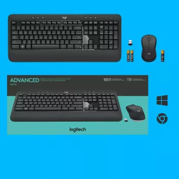 Bezvadu tastatūras un peles komplekts Logitech MK540 Advanced — pilna izmēra QWERTY tastatūra, USB uztvērējs, ASV izkārtojums, ergonomiska pele, melns/balts