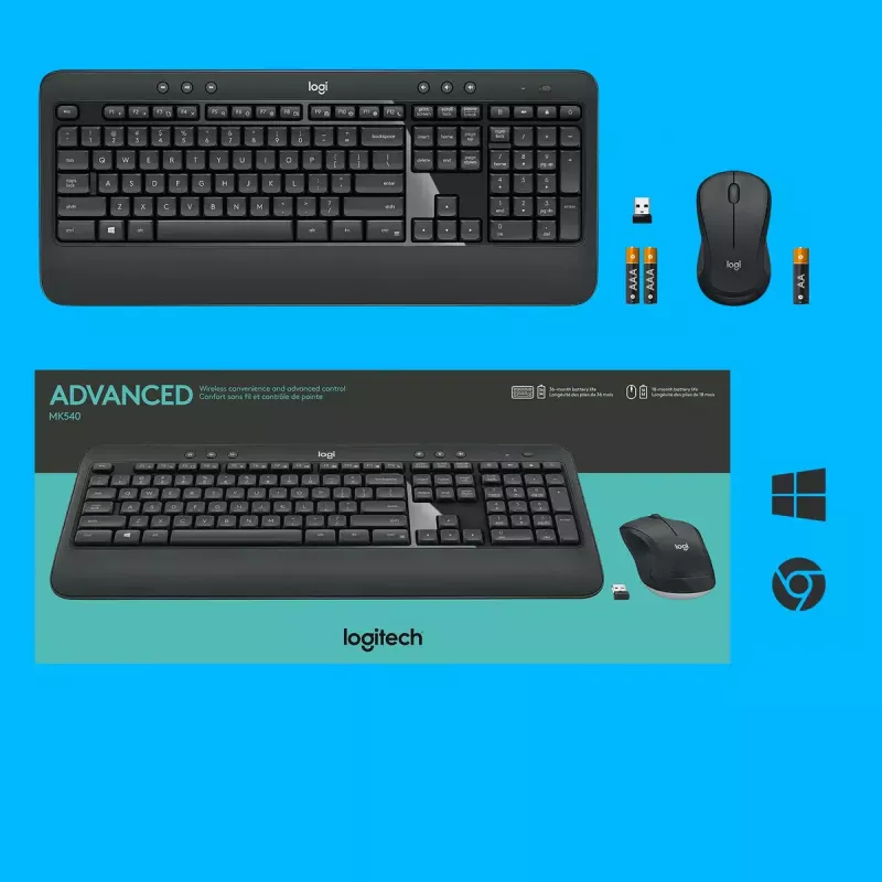 Bezvadu tastatūras un peles komplekts Logitech MK540 Advanced — pilna izmēra QWERTY tastatūra, USB uztvērējs, ASV izkārtojums, ergonomiska pele, melns/balts