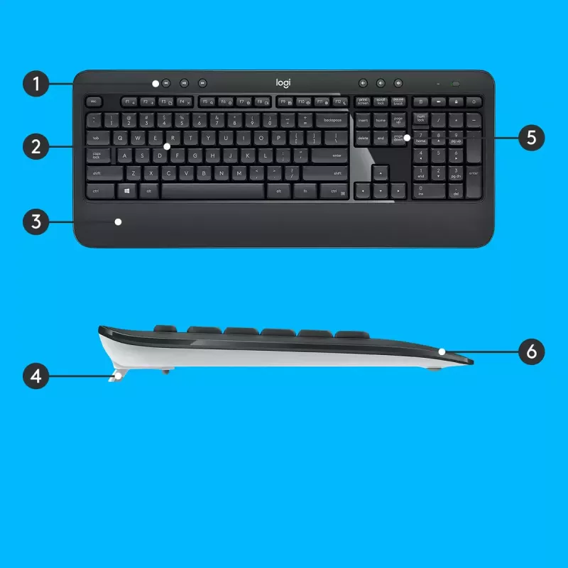 Bezvadu tastatūras un peles komplekts Logitech MK540 Advanced — pilna izmēra QWERTY tastatūra, USB uztvērējs, ASV izkārtojums, ergonomiska pele, melns/balts