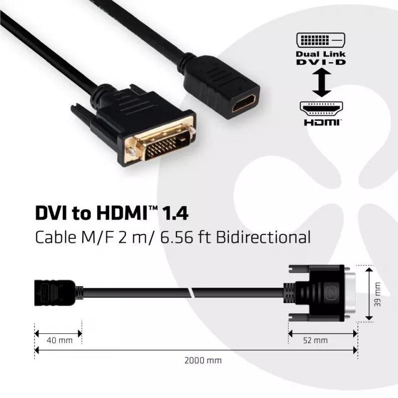 CLUB3D DVI uz HDMI 1.4 kabelis M/F 2m/6.56ft abpusējs