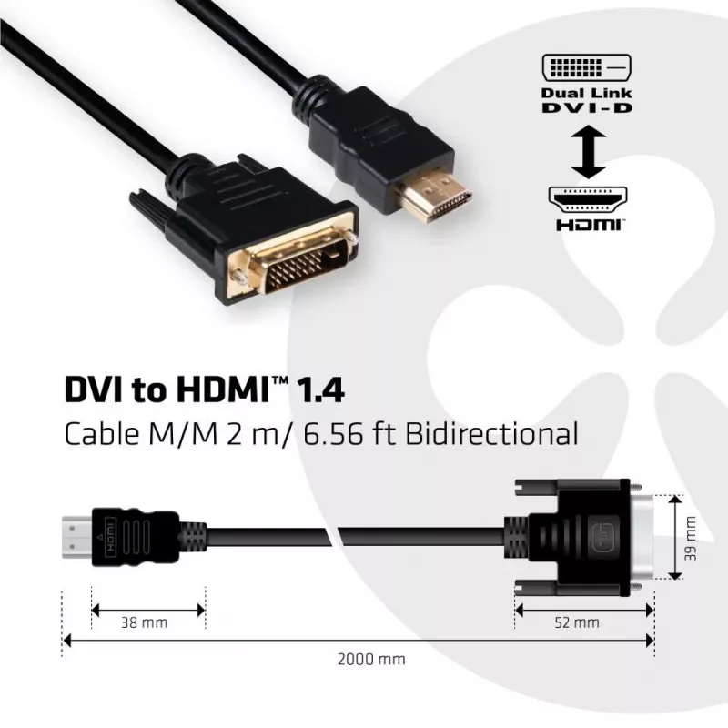 CLUB3D DVI uz HDMI 1.4 kabelis M/M 2m/ 6.56ft divvirzienu