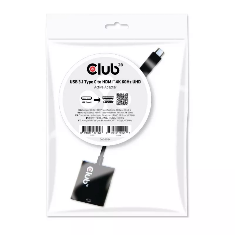 USB 3.1 Type C uz HDMI 2.0 UHD 4K 60Hz aktīvais adapteris CLUB3D CAC-2504