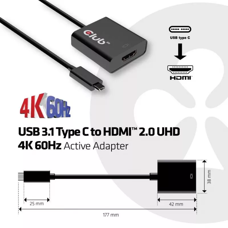 USB 3.1 Type C uz HDMI 2.0 UHD 4K 60Hz aktīvais adapteris CLUB3D CAC-2504