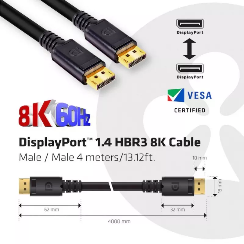 CLUB3D DisplayPort 1.4 HBR3 8K kabelis V/V 4 m /13,12 pēdas, 4 m, DisplayPort, DisplayPort, vīrišķais, vīrišķais, 7680 x 4320 pikseļi