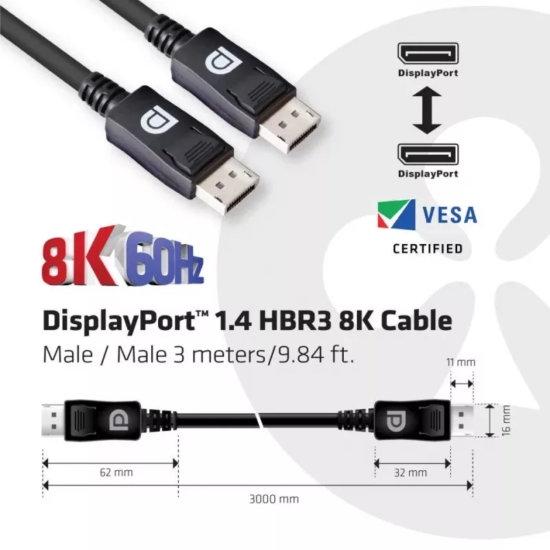 CLUB3D DisplayPort 1.4 HBR3 8K 28AWG kabelis M/M 3m /9.84ft