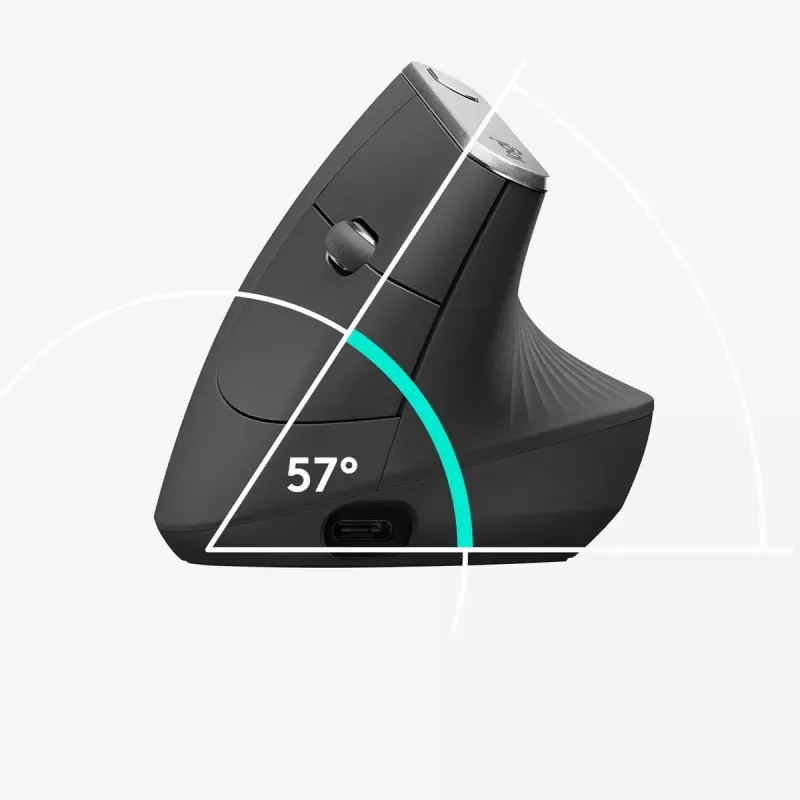 Ergonomiska bezvadu pele Logitech MX Vertical, MX Vertical, 4000 DPI, RF bezvadu + Bluetooth, labai rokai, Graphite, biroja lietošanai