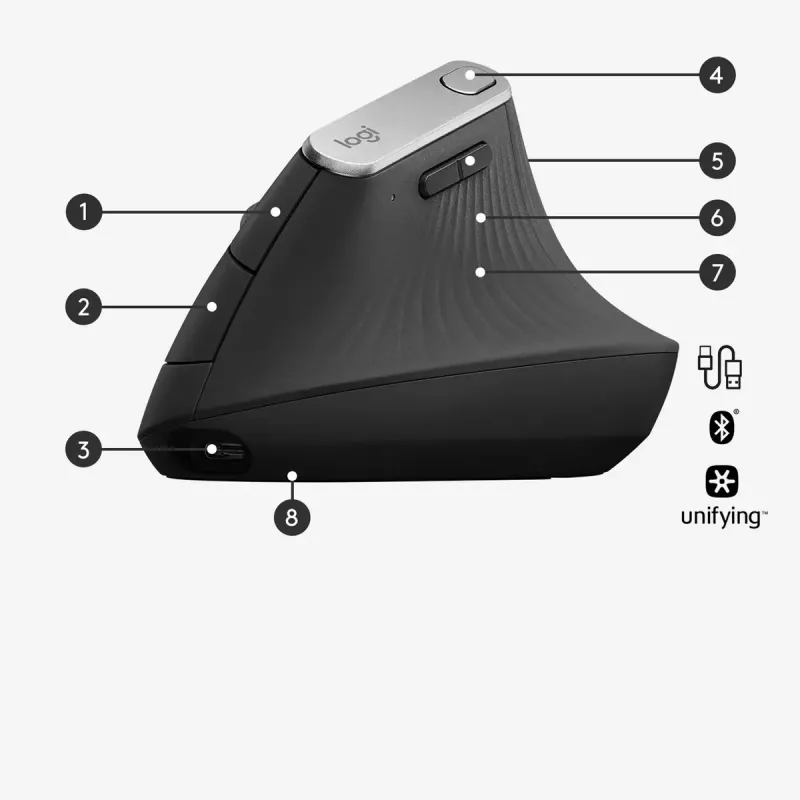 Ergonomiska bezvadu pele Logitech MX Vertical, MX Vertical, 4000 DPI, RF bezvadu + Bluetooth, labai rokai, Graphite, biroja lietošanai