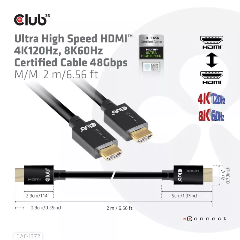 CLUB3D īpaši ātrgaitas HDMI 4K120Hz, 8K60Hz sertificēts kabelis 48Gbps M/M 2 m / 6.56 pēdas