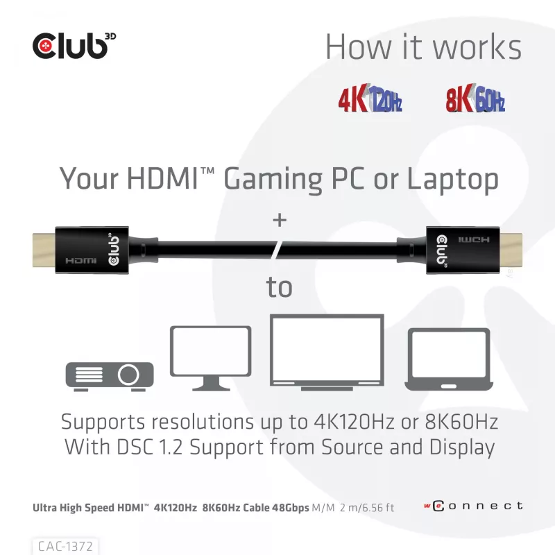 CLUB3D īpaši ātrgaitas HDMI 4K120Hz, 8K60Hz sertificēts kabelis 48Gbps M/M 2 m / 6.56 pēdas