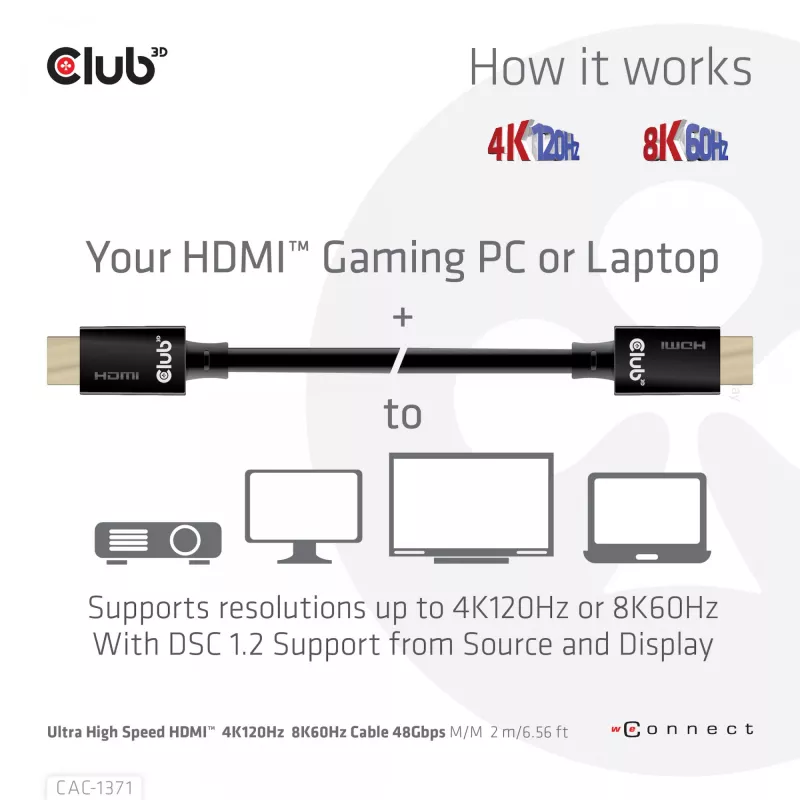 CLUB3D Ultra High Speed HDMI 4K120Hz, 8K60Hz sertificēts kabelis 48Gbps M/M 1 m/3.28 ft