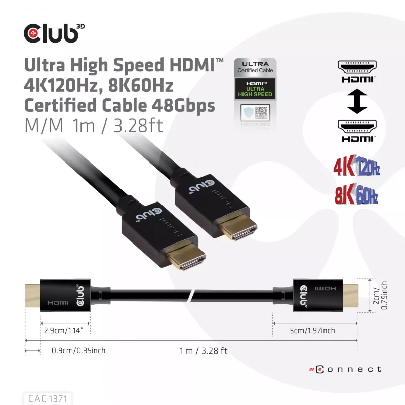 CLUB3D Ultra High Speed HDMI 4K120Hz, 8K60Hz sertificēts kabelis 48Gbps M/M 1 m/3.28 ft