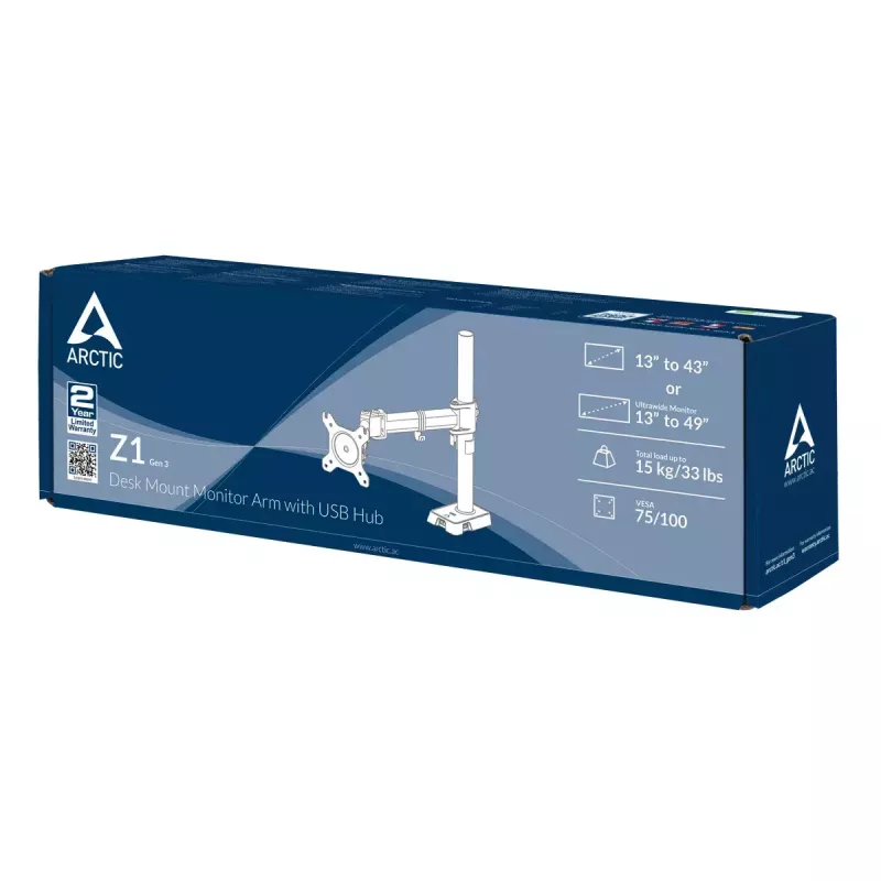 ARCTIC Z1 (Gen 3) - Monitora roka ar USB centrmezglu, stiprināma pie galda