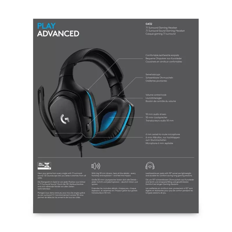LOGITECH G432 - USB / 3.5mm - game austiņas - 7.1 Surround - zilas
