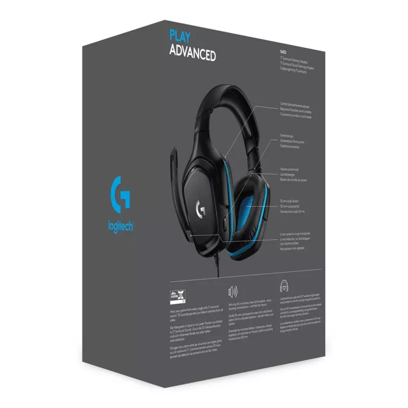 LOGITECH G432 - USB / 3.5mm - game austiņas - 7.1 Surround - zilas