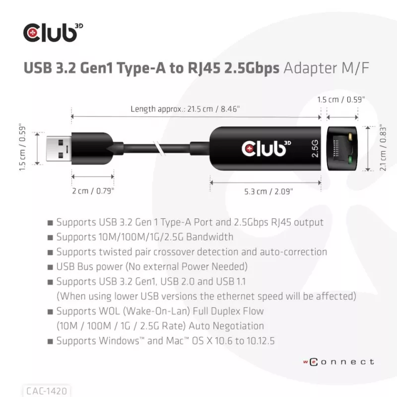 CLUB3D USB 3.2 Gen1 Tips A uz RJ45 2.5Gbps adapteris